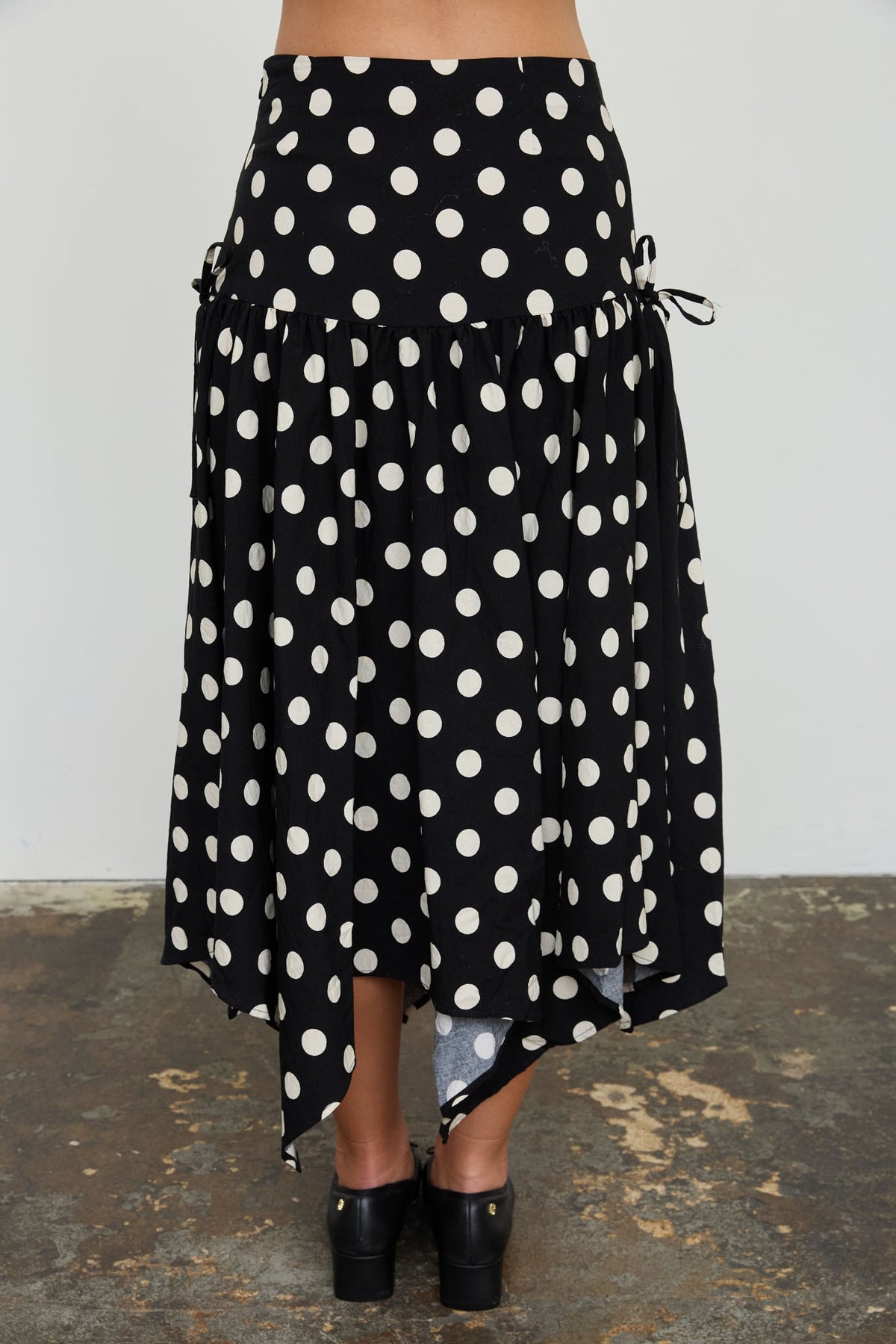 NYLAND Aubrielle Polka Dot Drop Waist Handkerchief Midi Skirt