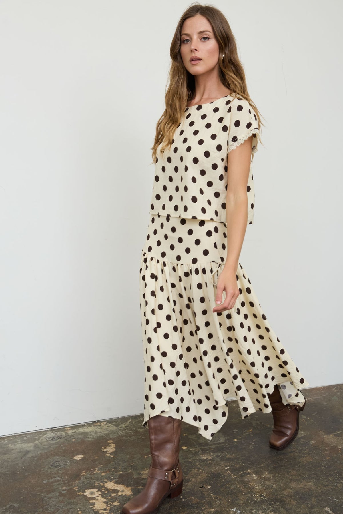 NYLAND Aubrielle Polka Dot Lace Trim Top