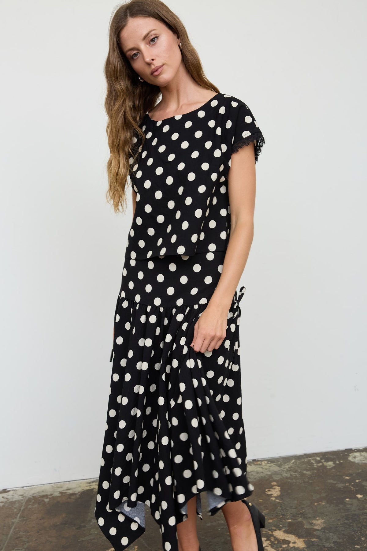NYLAND Aubrielle Polka Dot Lace Trim Top