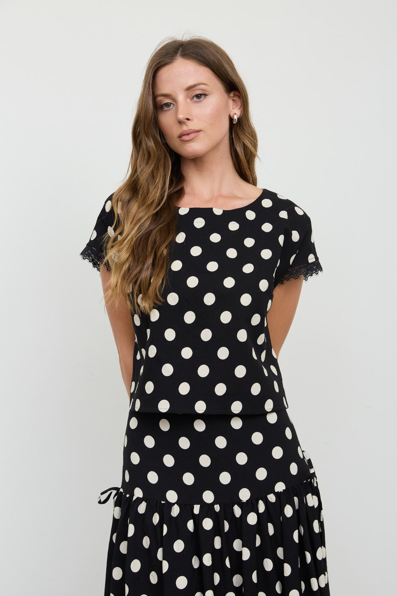NYLAND Aubrielle Polka Dot Lace Trim Top Black