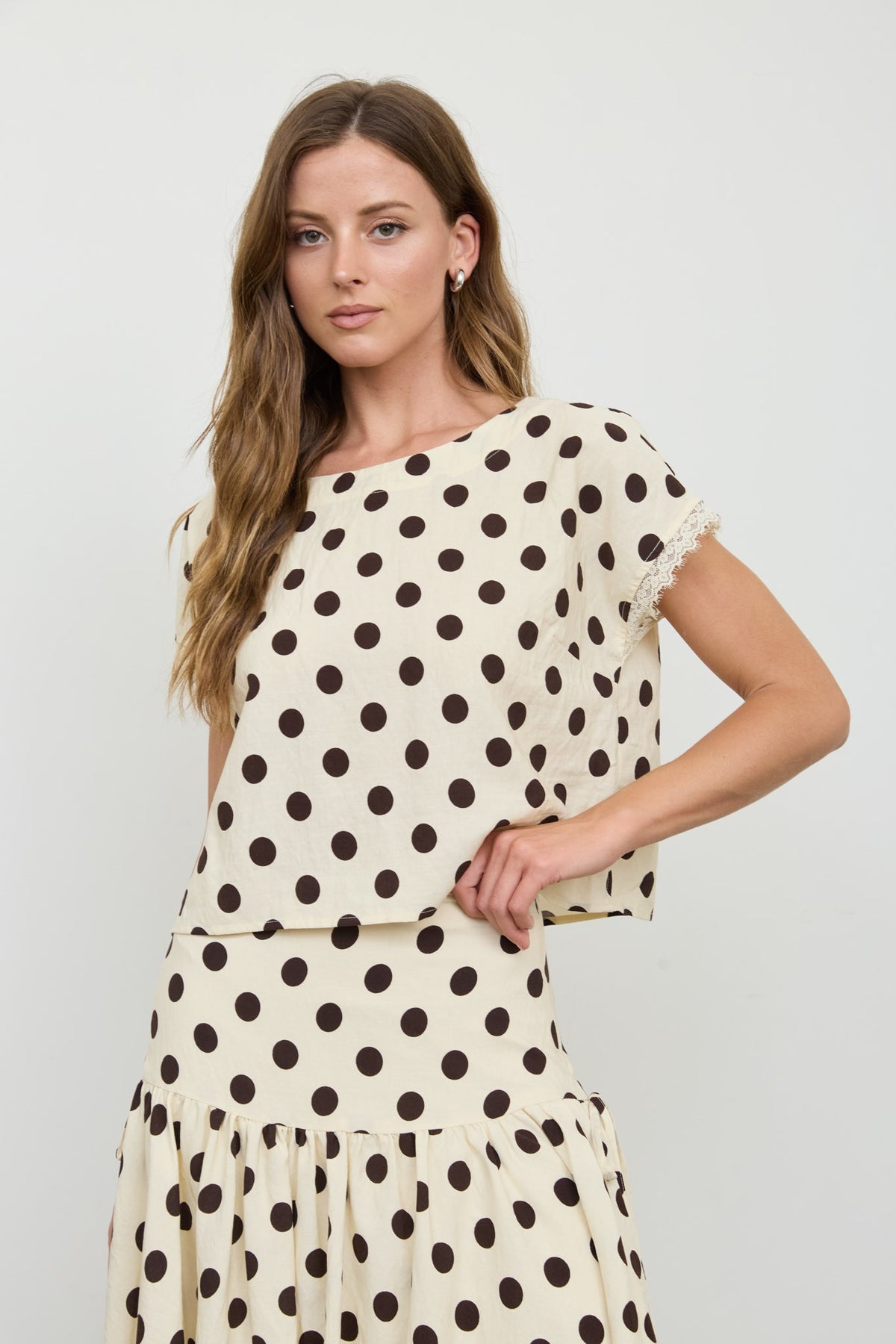 NYLAND Aubrielle Polka Dot Lace Trim Top Natural