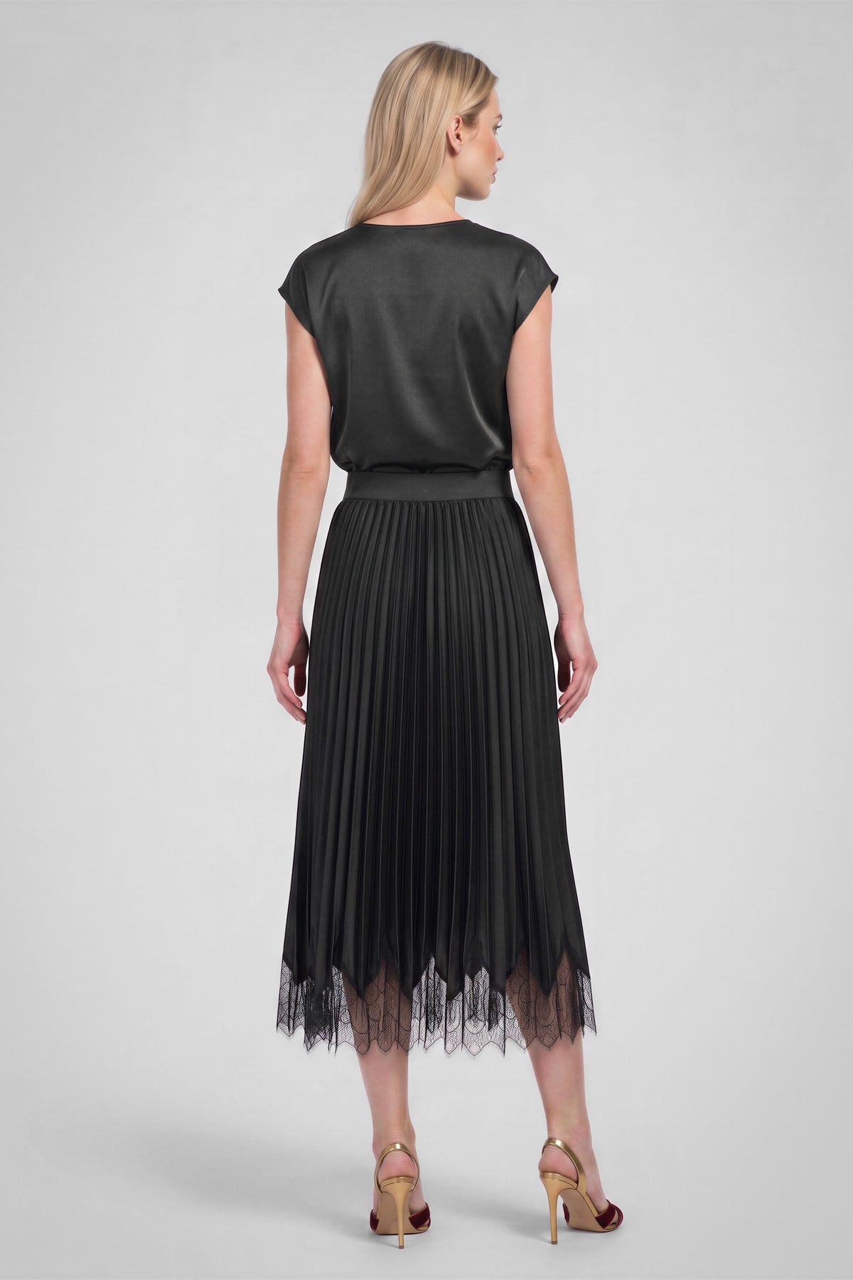 NYLAND Milani Lace Hem Pleated Satin Midi Skirt