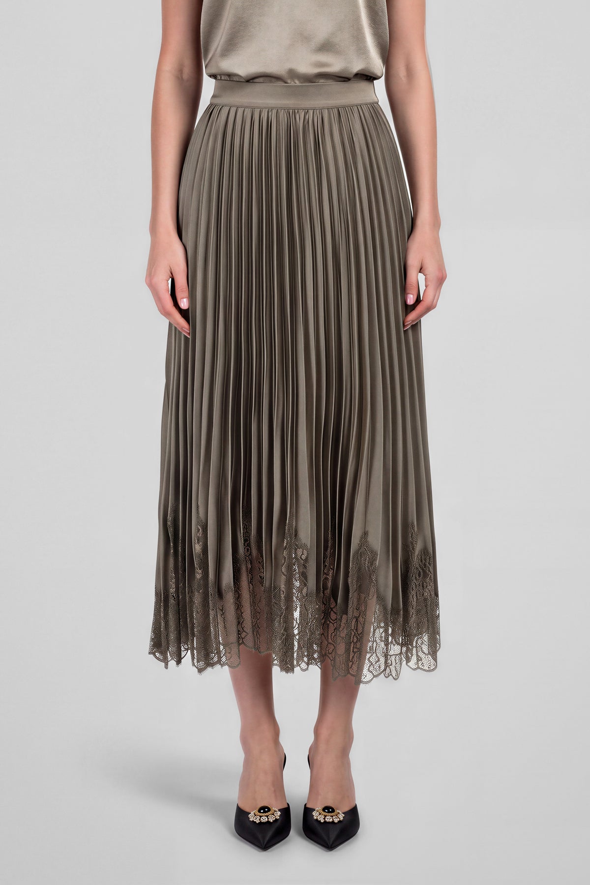 NYLAND Milani Lace Hem Pleated Satin Midi Skirt Taupe Grey