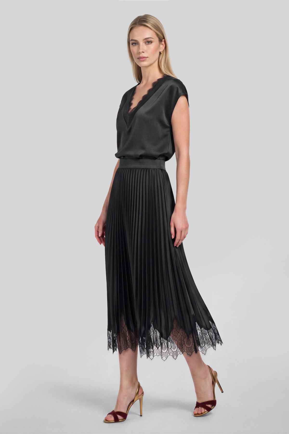 NYLAND Milani Lace Hem Pleated Satin Midi Skirt