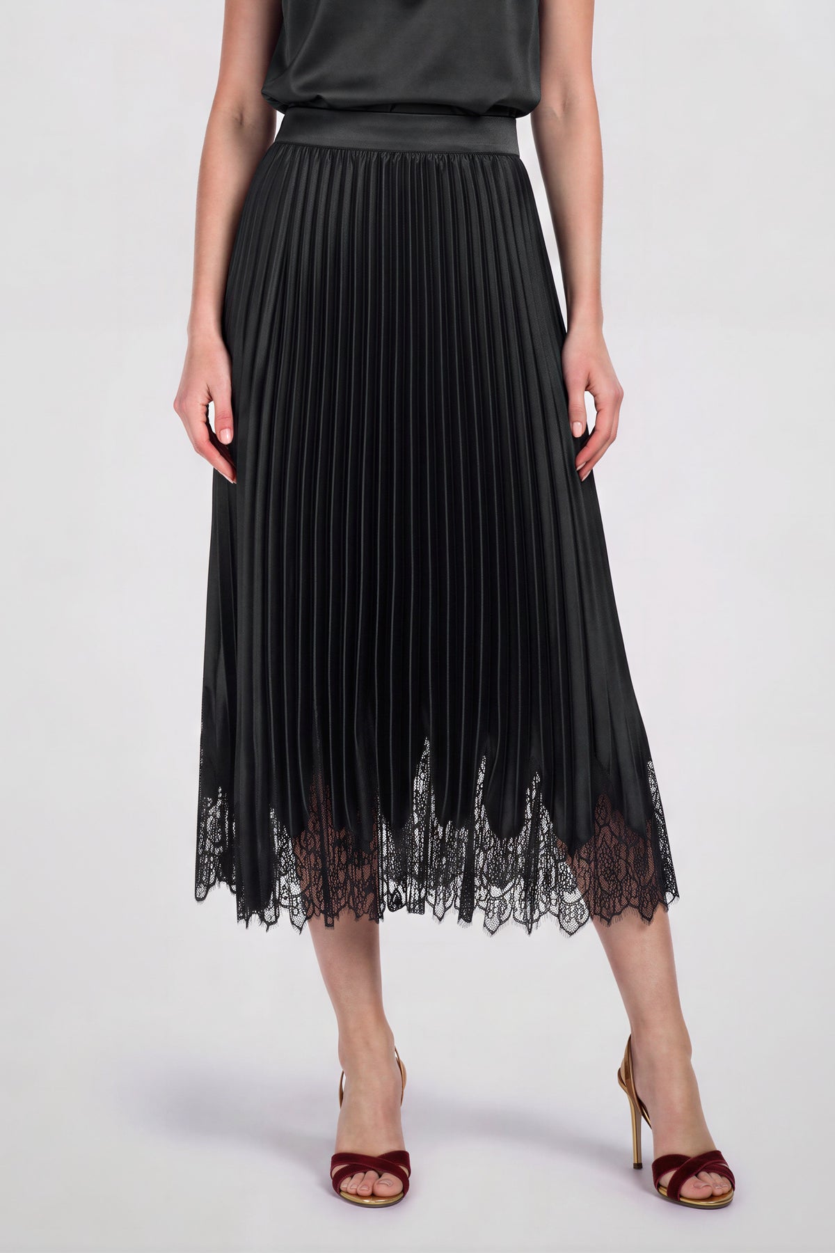 NYLAND Milani Lace Hem Pleated Satin Midi Skirt