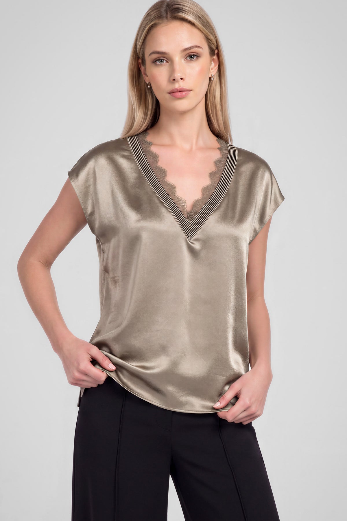NYLAND Aubry Lace V-neck Satin Cap Sleeve TopTaupe Grey