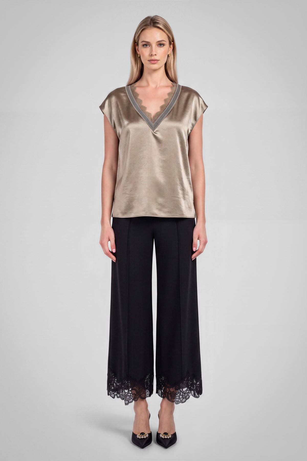 NYLAND Aubry Lace V-neck Satin Cap Sleeve Top