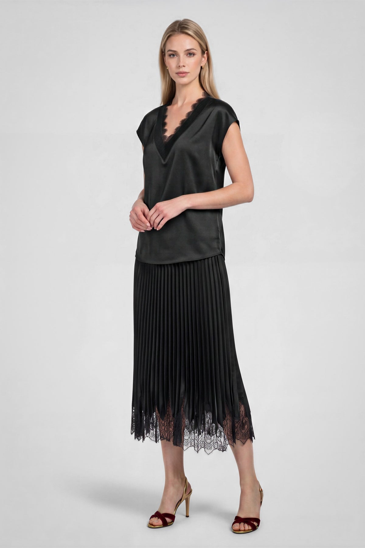 NYLAND Aubry Lace V-neck Satin Cap Sleeve Top