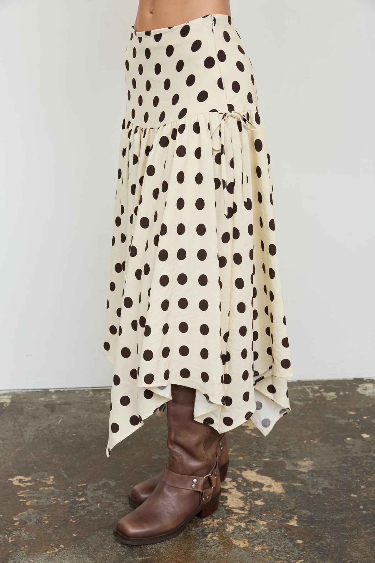 NYLAND Aubrielle Polka Dot Drop Waist Handkerchief Midi Skirt