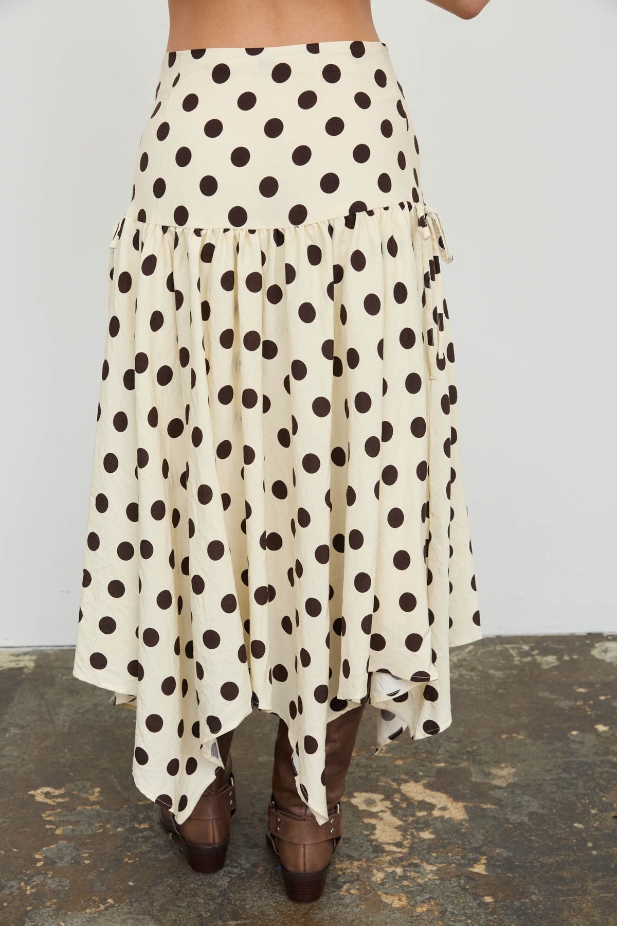 NYLAND Aubrielle Polka Dot Drop Waist Handkerchief Midi Skirt