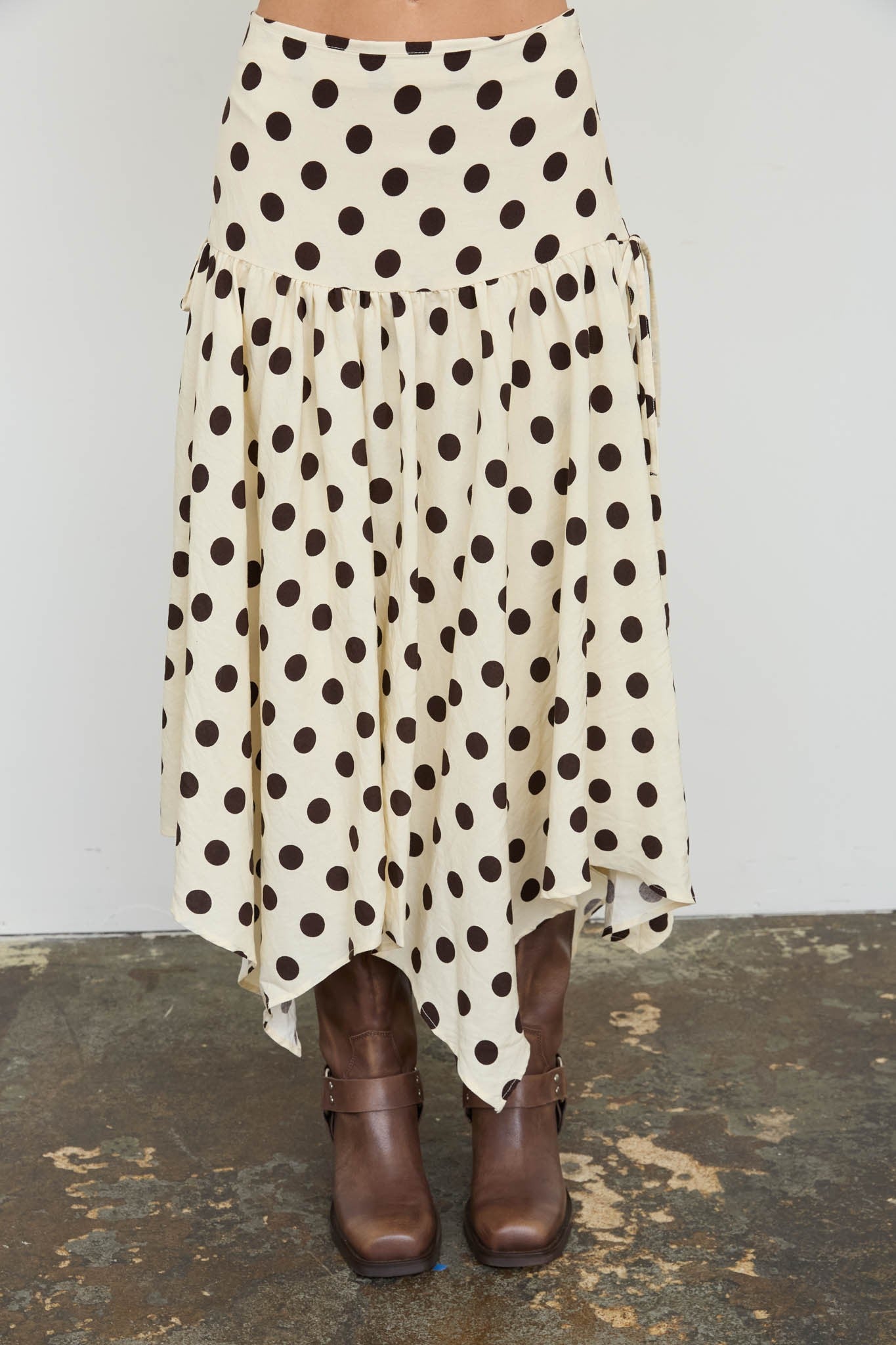 NYLAND Aubrielle Polka Dot Drop Waist Handkerchief Midi Skirt Black