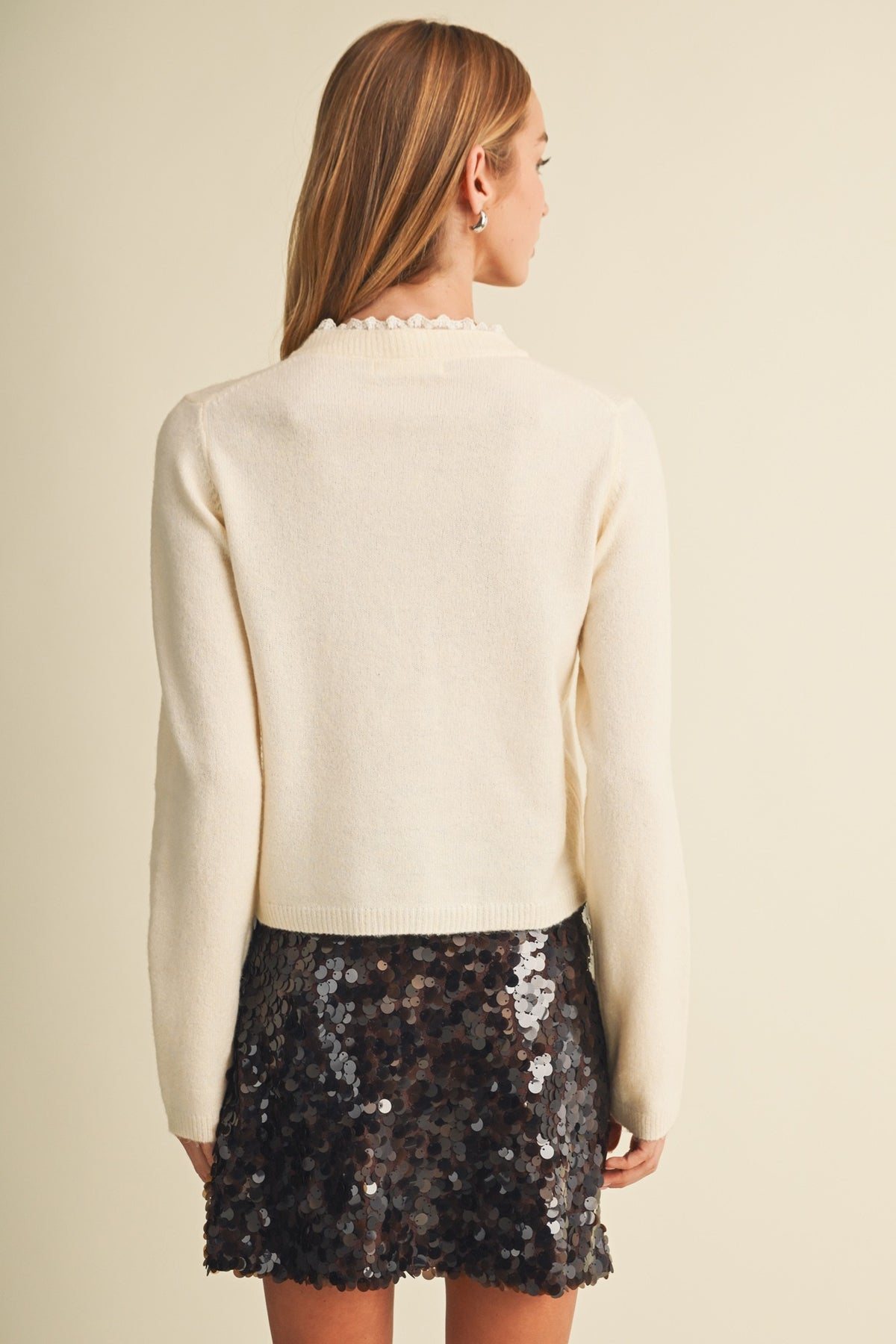 NYLAND Milana Ruffle-Trim Crew Neck Knit Cardigan
