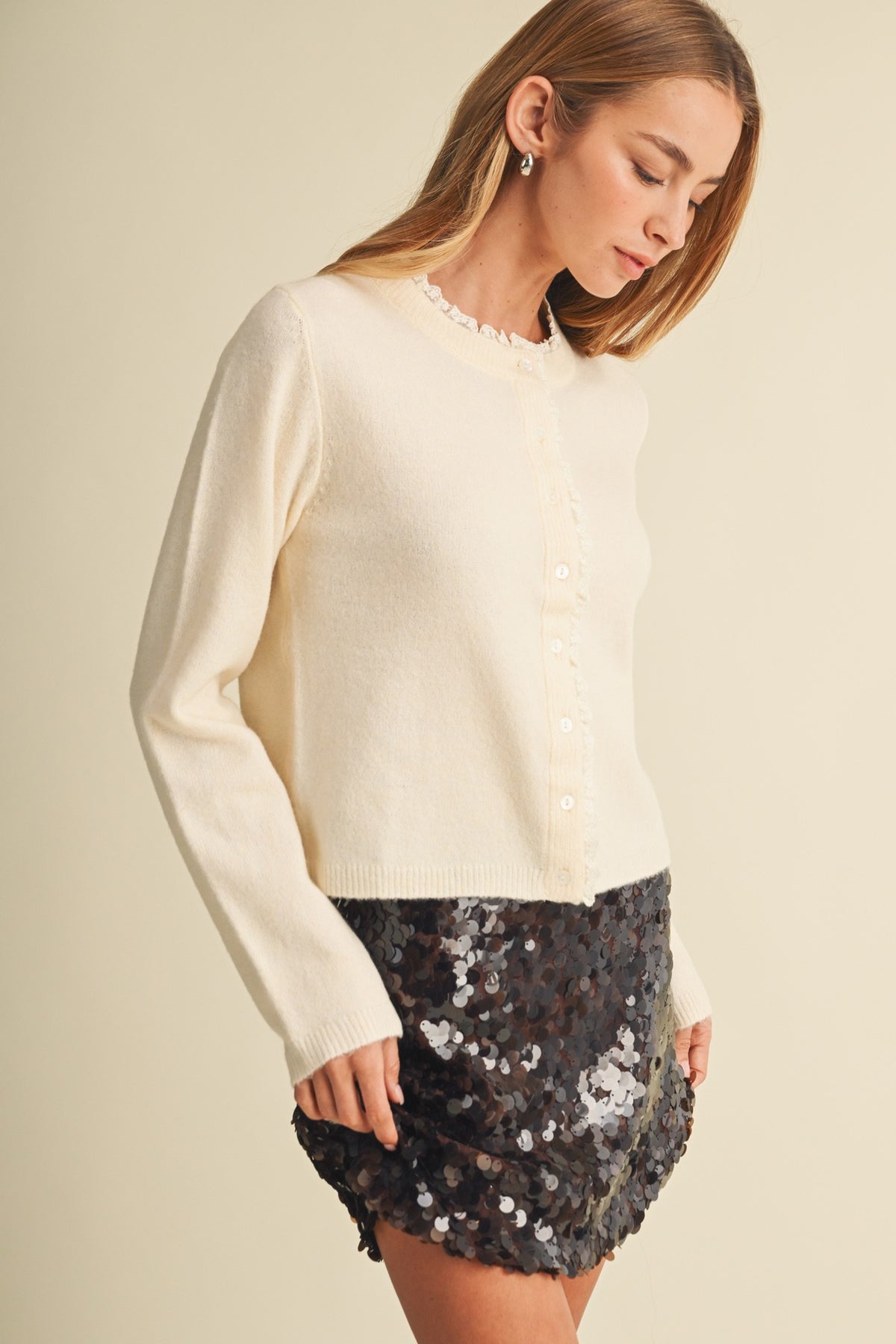 NYLAND Milana Ruffle-Trim Crew Neck Knit Cardigan