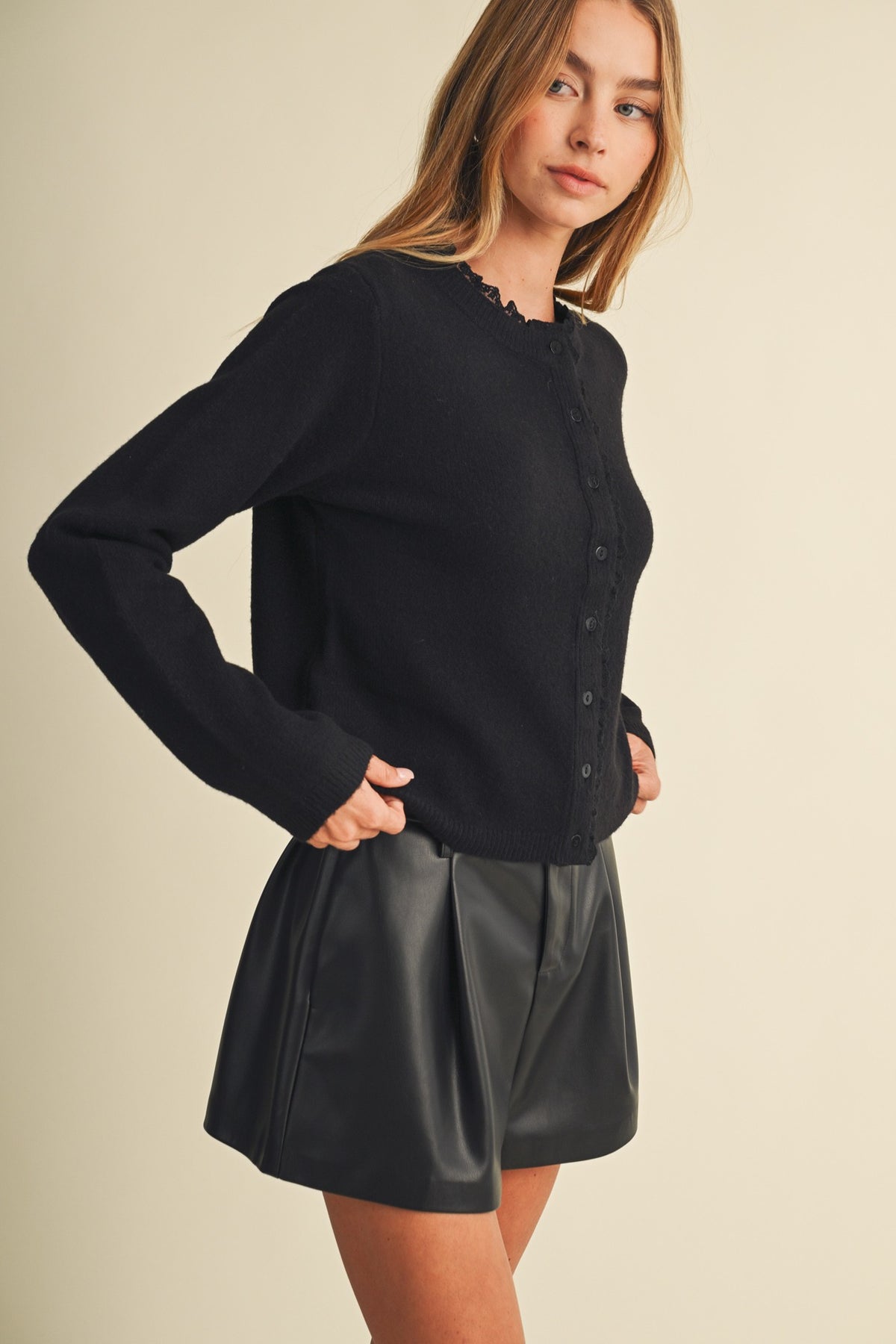 NYLAND Milana Ruffle-Trim Crew Neck Knit Cardigan