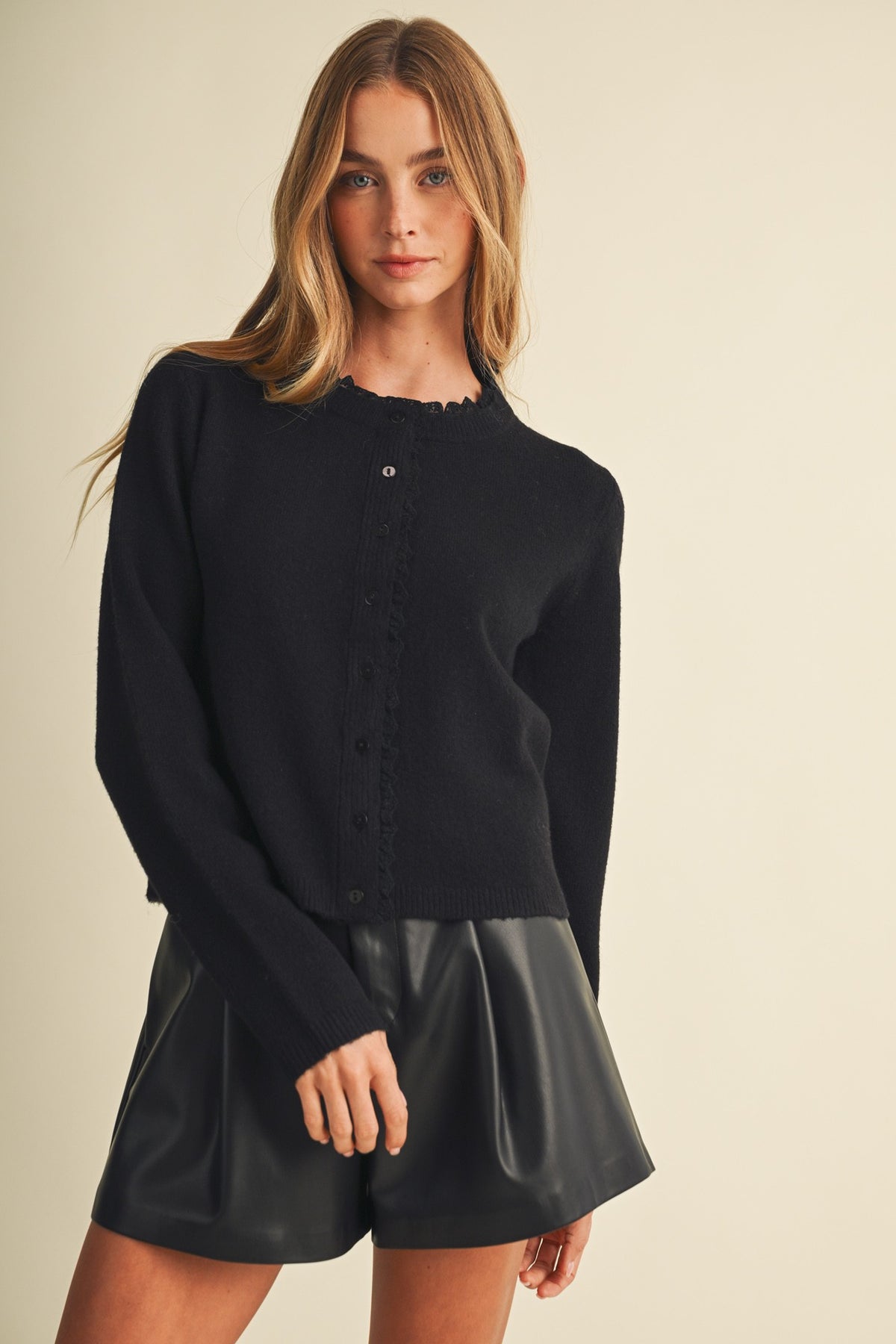 NYLAND Milana Ruffle-Trim Crew Neck Knit Cardigan