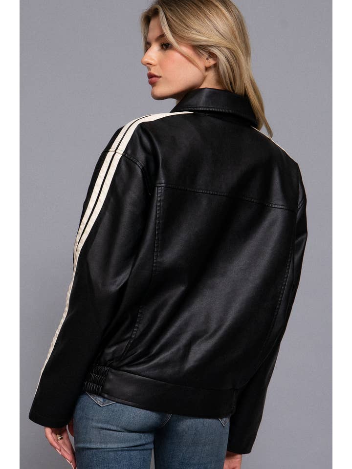 Active Basic Long Sleeve Line Detail Faux Leather Jacket