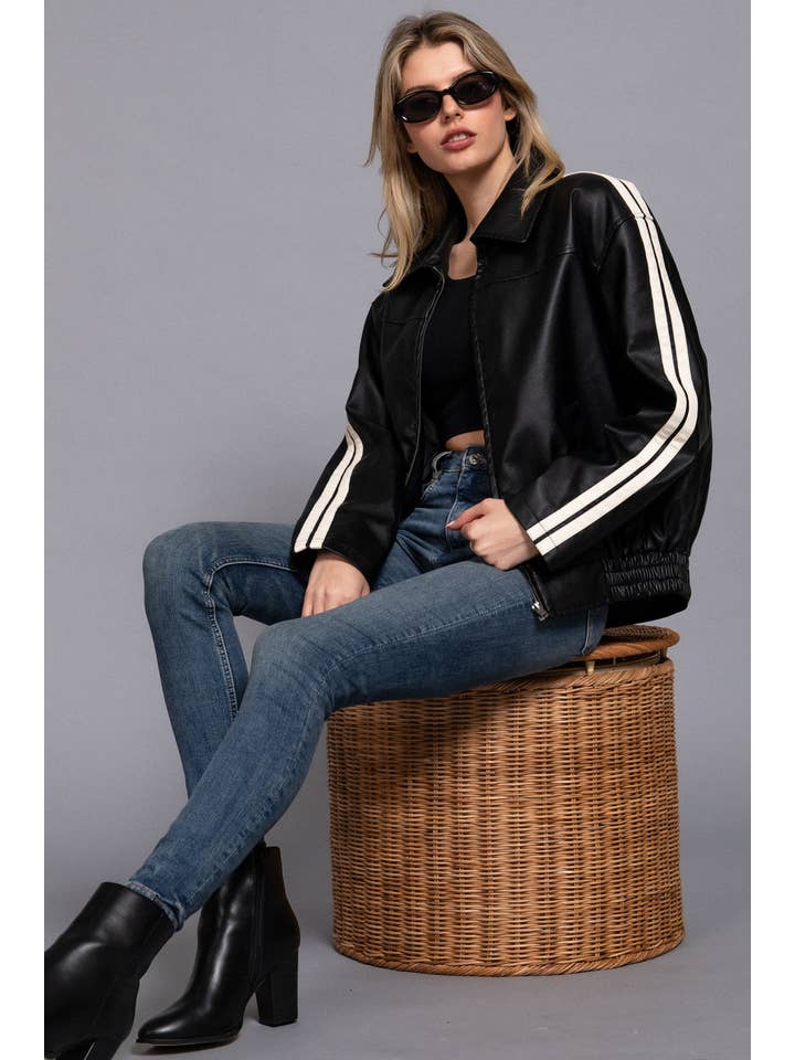 Active Basic Long Sleeve Line Detail Faux Leather Jacket