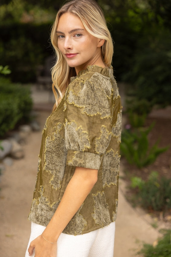 DEON Ruffled V-Neck Textured Burnout Velvet Top in Olive