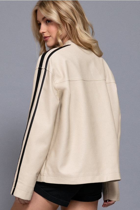 Active Basic Long Sleeve Line Detail Washed Effect Faux Leather Jacket