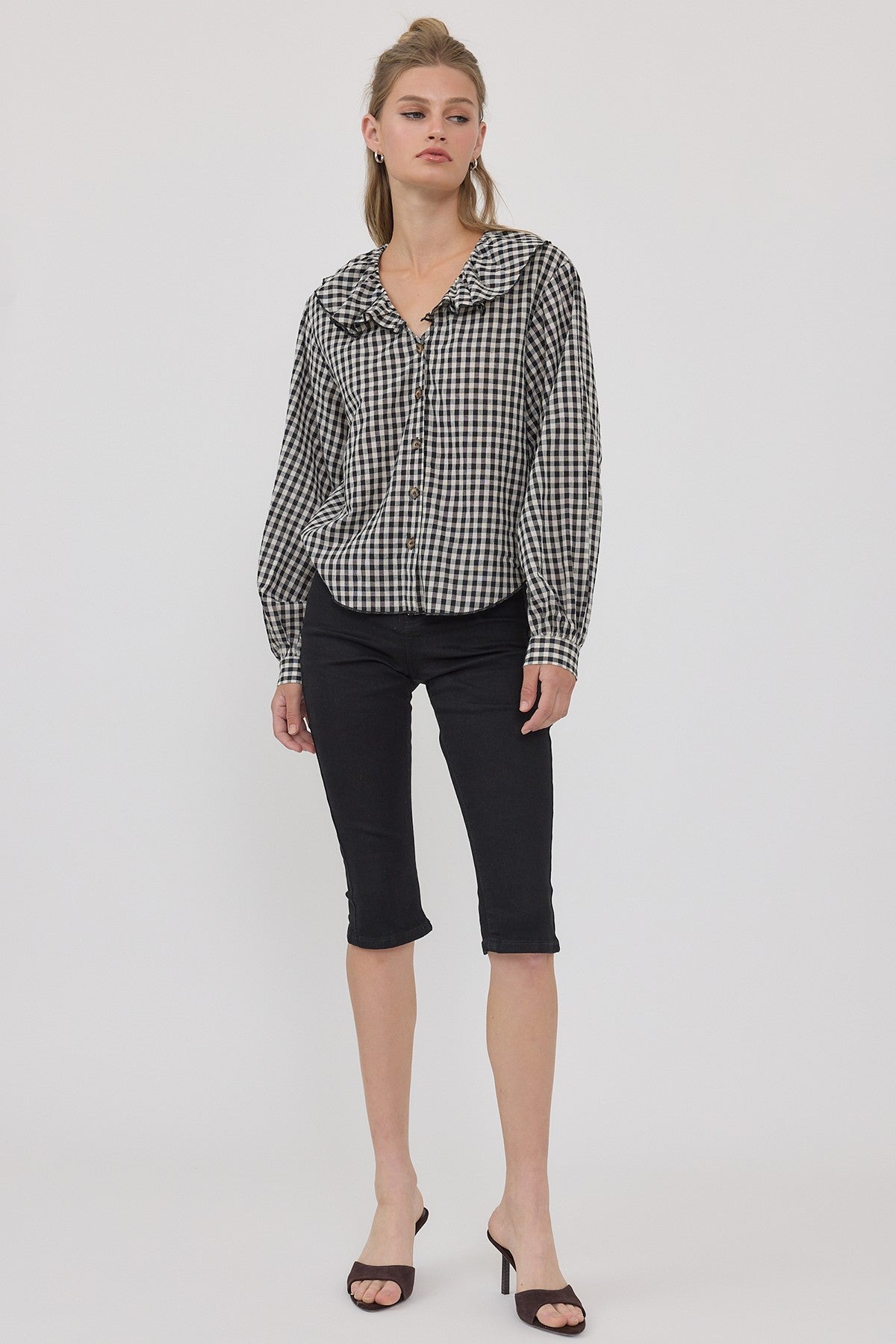 DEON Gingham Ruffle Collar Button-Up Blouse