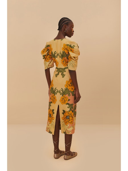 Farm Rio Delicate Flower Arabesques Short Sleeve Midi Dress