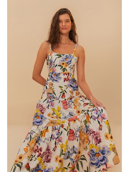 Farm Rio Women's Greek Garden Floral Linen-Blend Maxi Dress - Off White