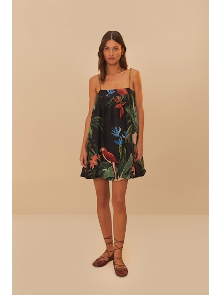 ワンピースその他 FARM Rio Midnight Macaw Fiesta black mini dress in linen ble Farm Rio Midnight Macaw Fiesta Black Sleeveless Mini Dress