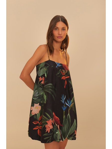 farm rio macaw linen blend mini dress Farm Rio Women L Tropical Resort Linen Blend Pockets Macaw Party Blue Mini Dress