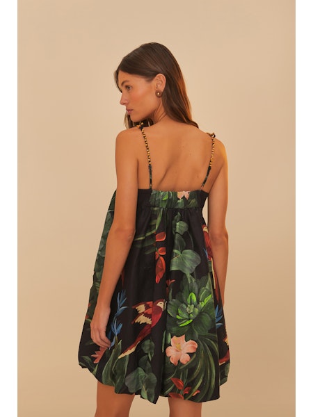 Farm Rio Midnight Macaw Fiesta Black Sleeveless Mini Dress