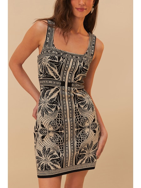 farm rio black and white dress Farm Rio Monochrome Elegance Scarf Off-White Knit Mini Dress