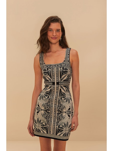 Farm Rio Monochrome Elegance Scarf Off-White Knit Mini Dress