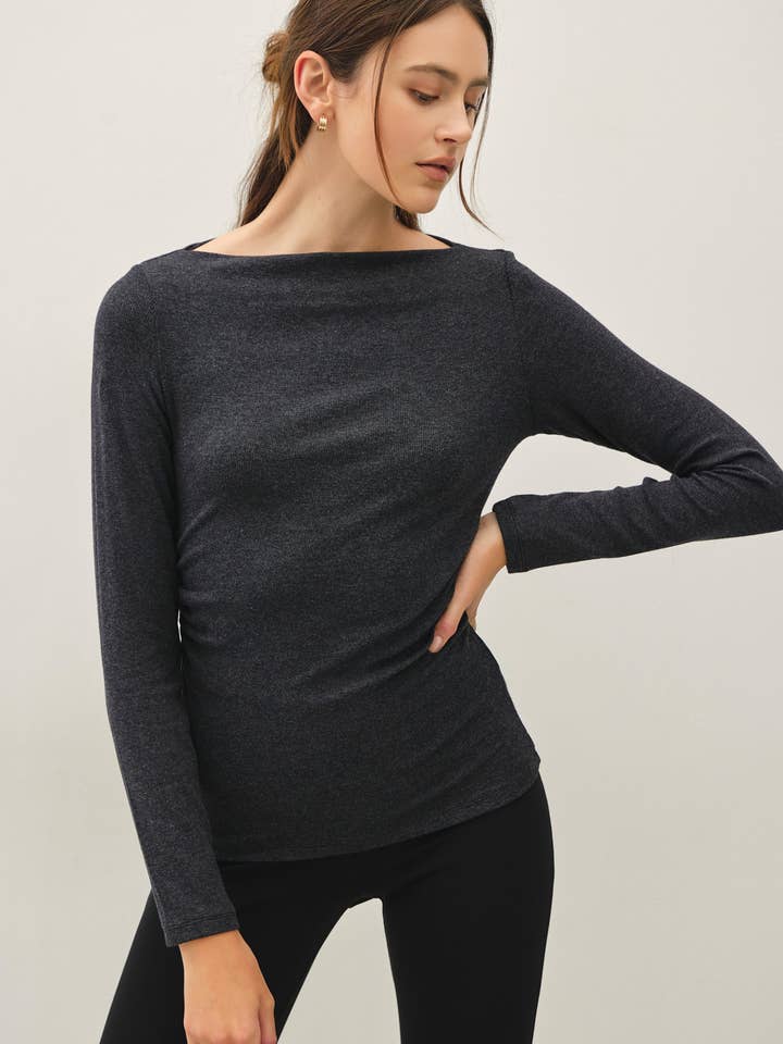 NYLAND Jay-Lee Ribbed Boat Neck Shirring Waist Top Heather Charcoal