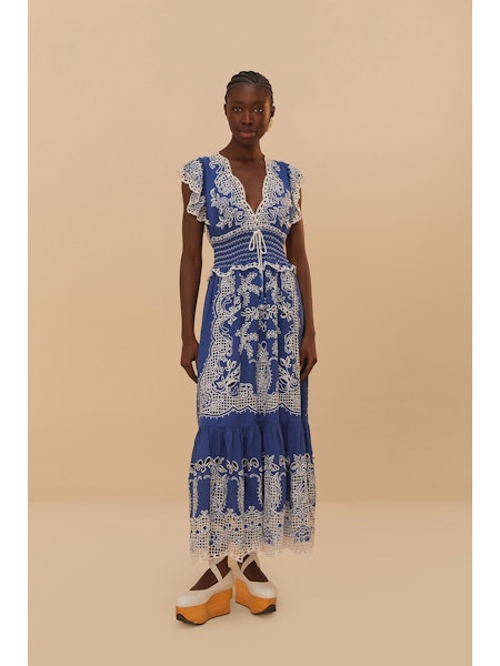 Farm Rio Romantic Richelieu Blue Maxi Dress - Adorn Farm Rio Romantic Richelieu Blue Maxi Dress - Adorn