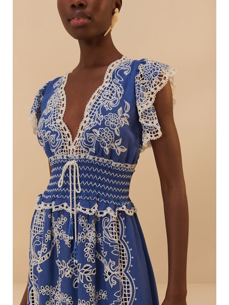 farm rio linen & richelieu lace bustier dress NWT AUTHENTIC FARM RIO Black & White Richelieu Lace Premium Linen Dress