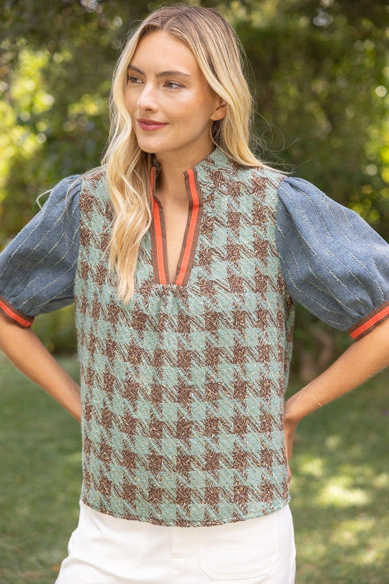 DEON Stripe Denim Sleeve Houndstooth Tweed Top