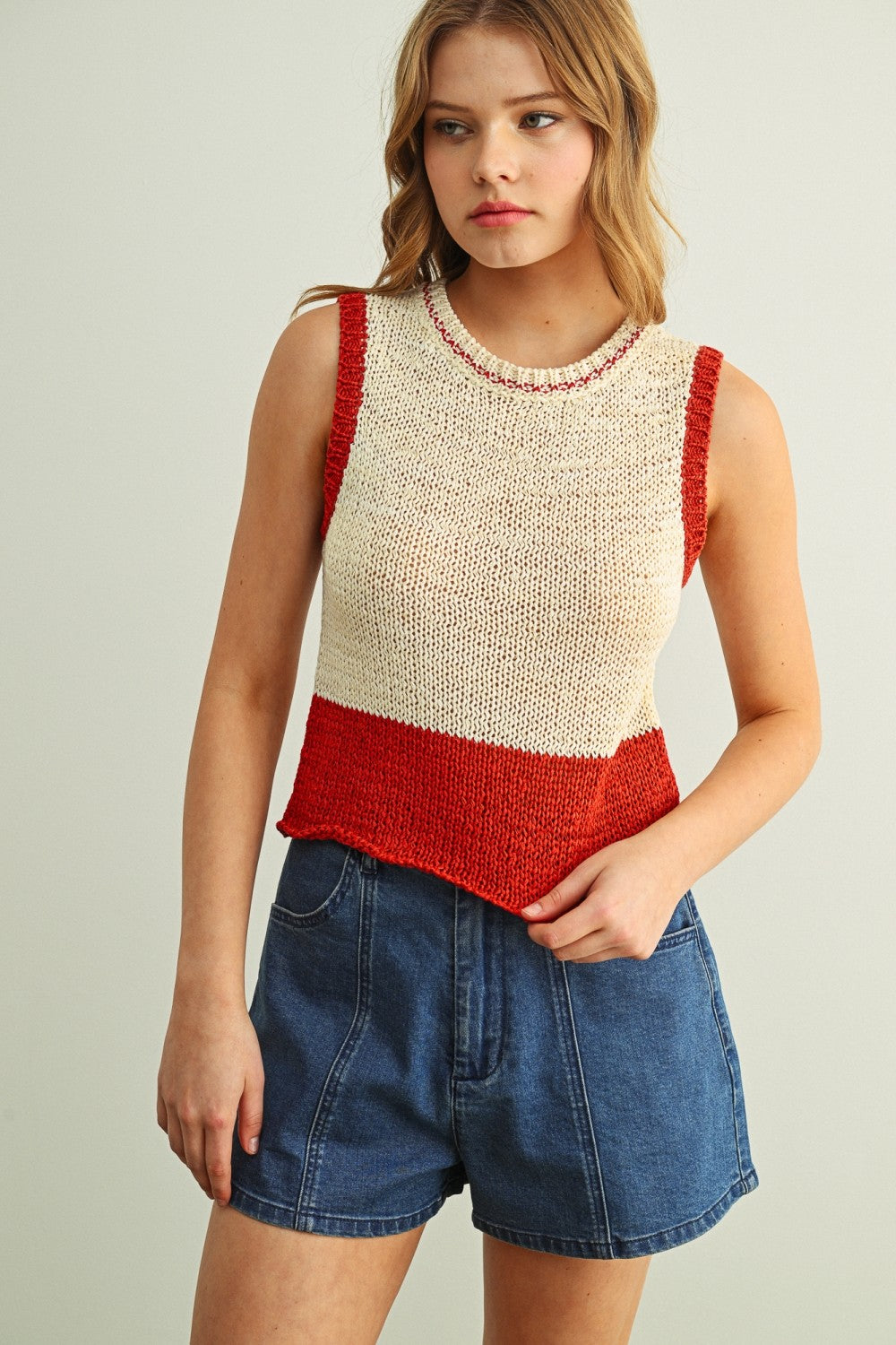 DEON Color Block SL Knit Top Beige Tomato