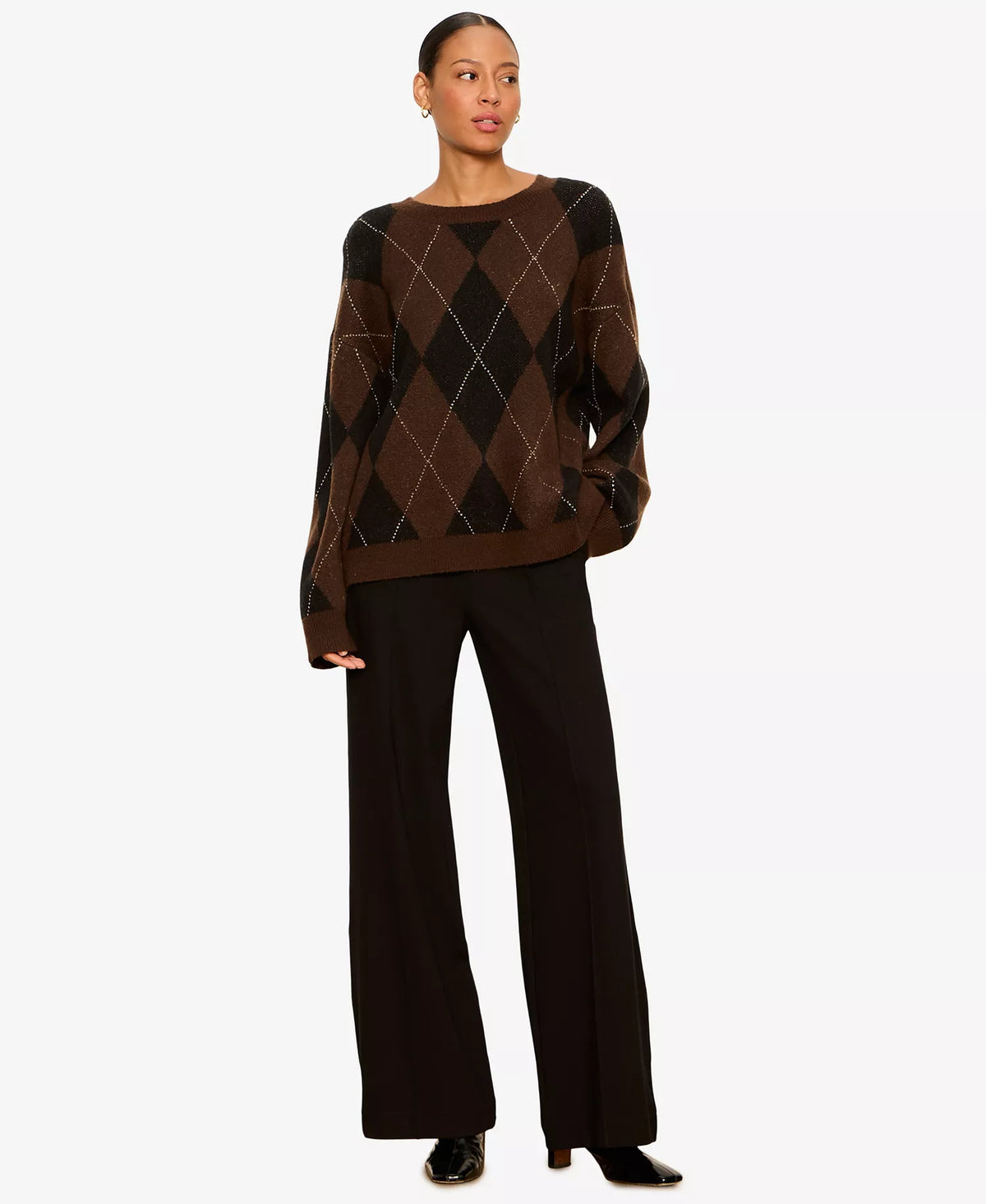 Sanctuary Argyle Crew Pullover in Espresso Argyle
