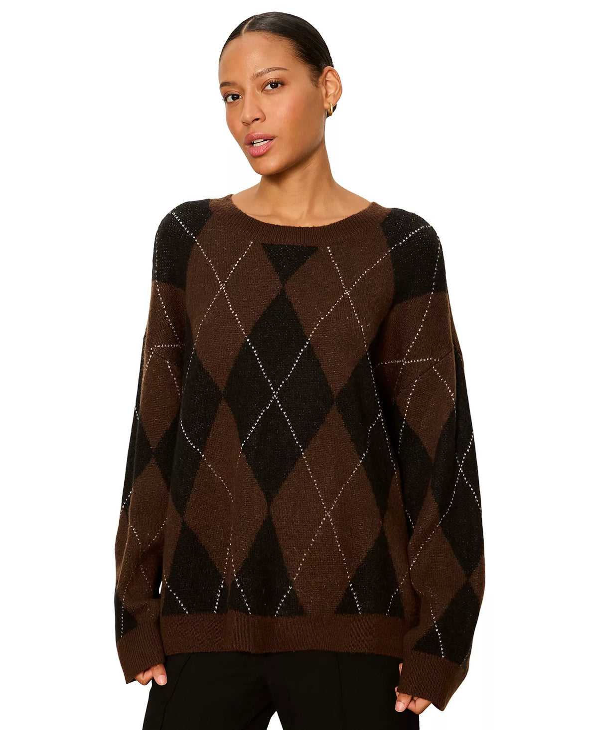 Sanctuary Argyle Crew Pullover in Espresso Argyle