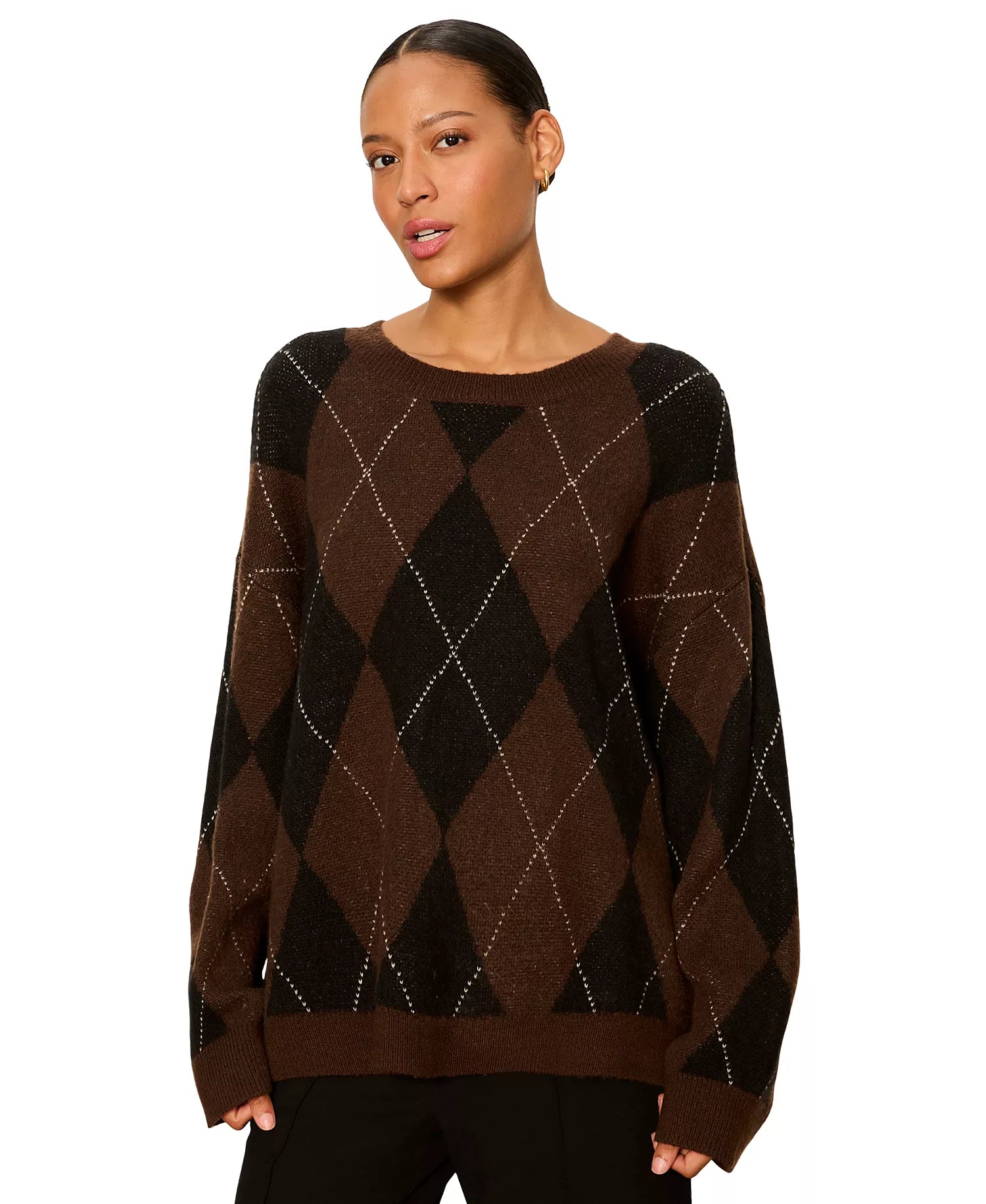 Sanctuary Argyle Crew Pullover in Espresso Argyle