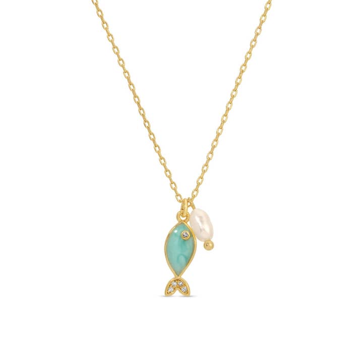 Splendid Iris Light Blue Fish Pendant Necklace with Freshwater Pearl