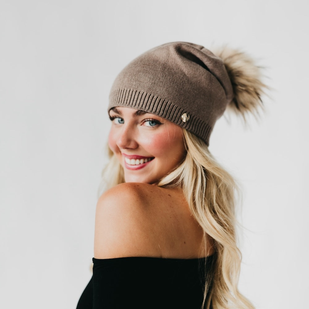 Pretty Simple Fine Knit Fur Pom Slouchy Beanie in Charcoal