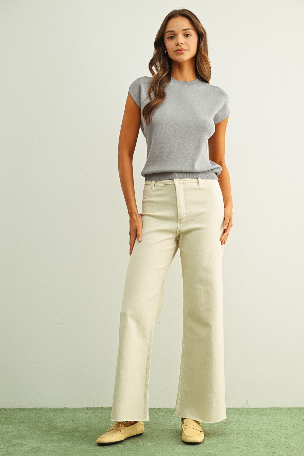 DEON Cap Sleeve Knit Top Grey