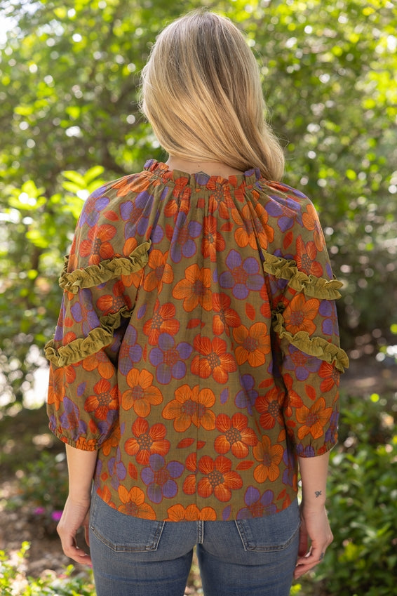DEON 3/4 Sleeve Ruffled Detail Color Block Top