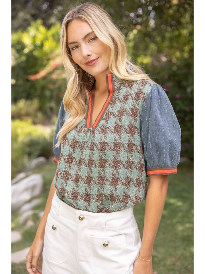 DEON Stripe Denim Sleeve Houndstooth Tweed Top