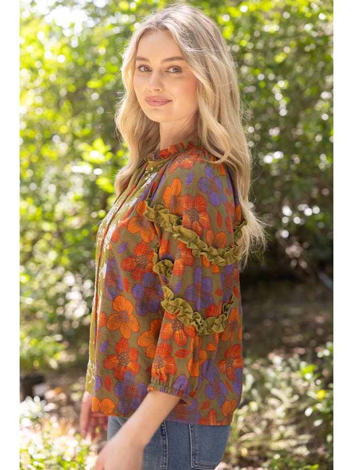 DEON 3/4 Sleeve Ruffled Detail Color Block Top