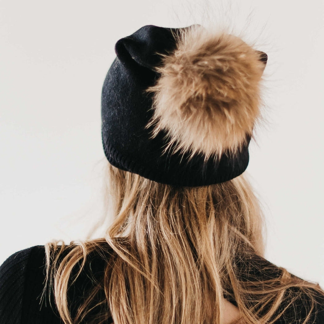 Pretty Simple Fine Knit Fur Pom Slouchy Beanie