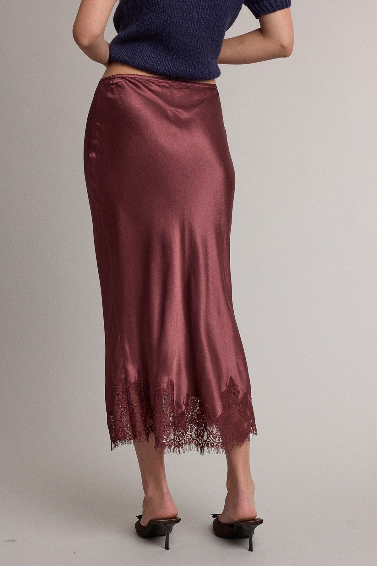 DEON Satin Lace Trim Midi Skirt