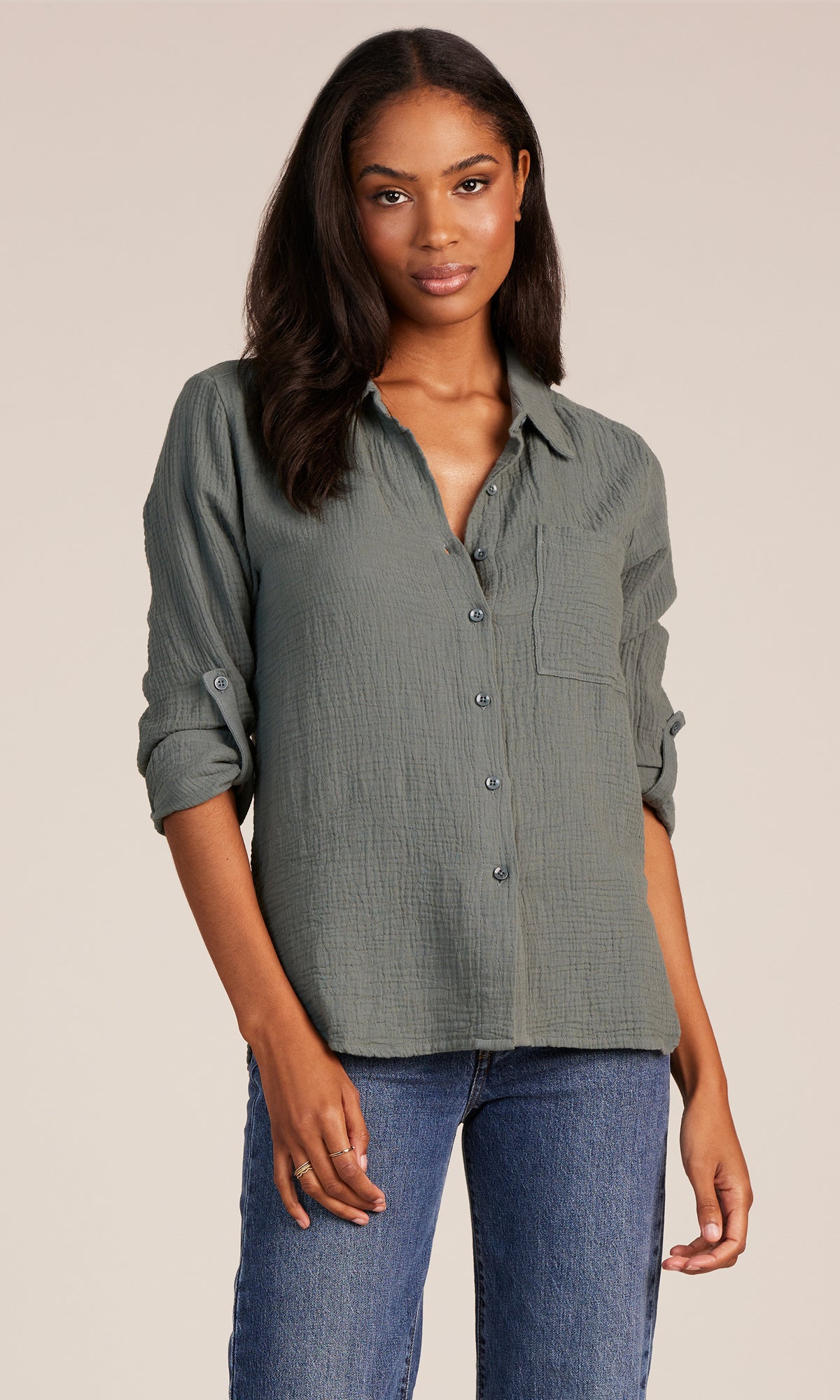Bobi Tab Sleeve Button Front Shirt Dark Sage