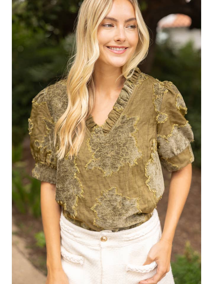 DEON Ruffled V-Neck Textured Burnout Velvet Top in Olive