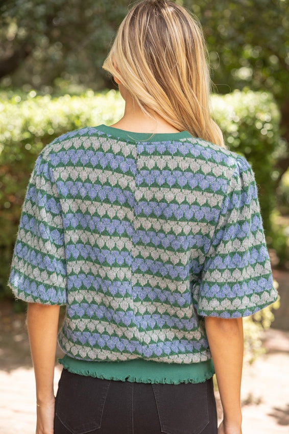 DEON Bubble Sleeve Band Stripe Print Knitted Top